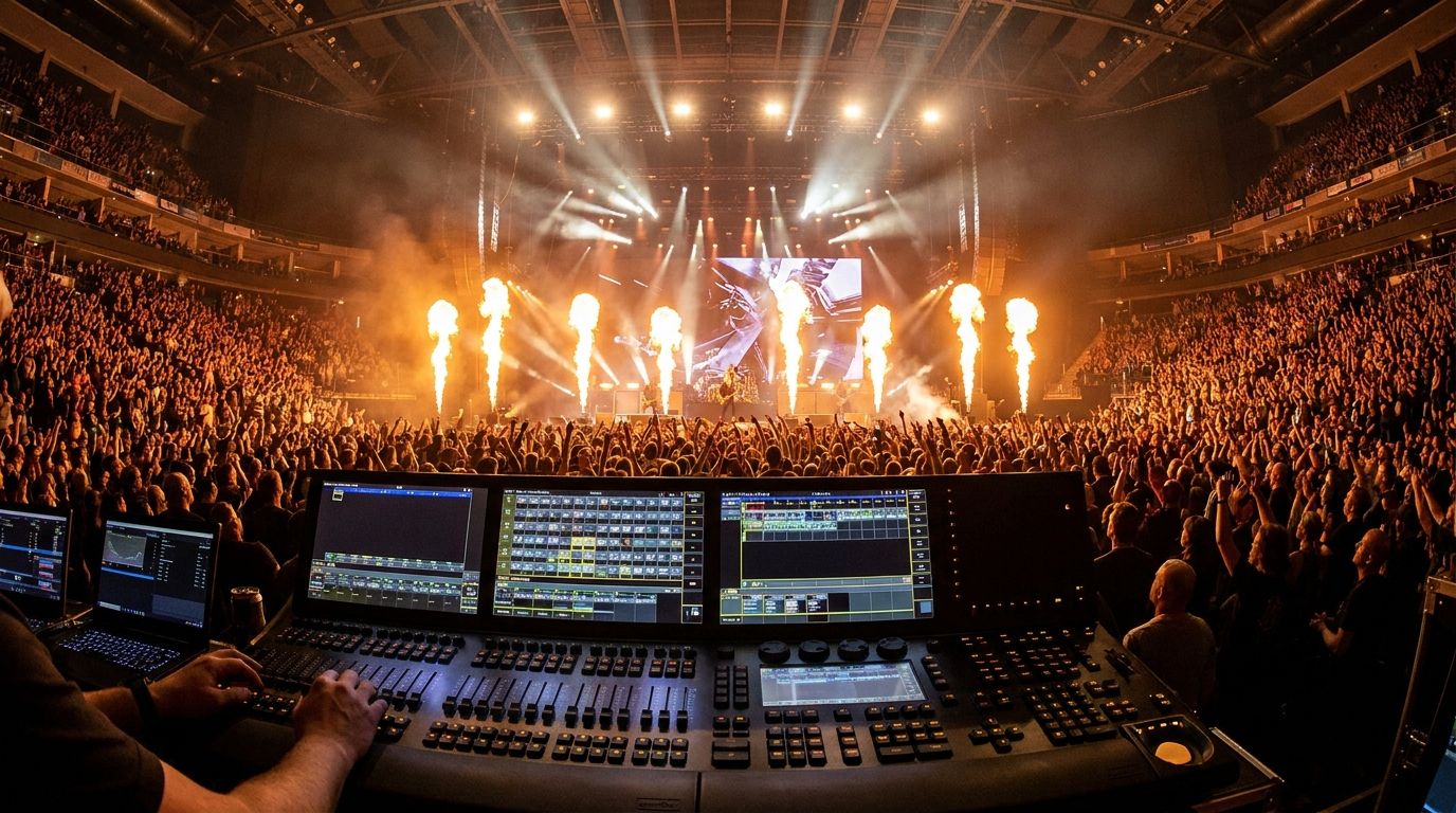 Lighting console at front of house — arena rock show