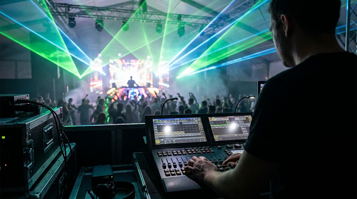 Lighting console at front of house — club and EDM with lasers