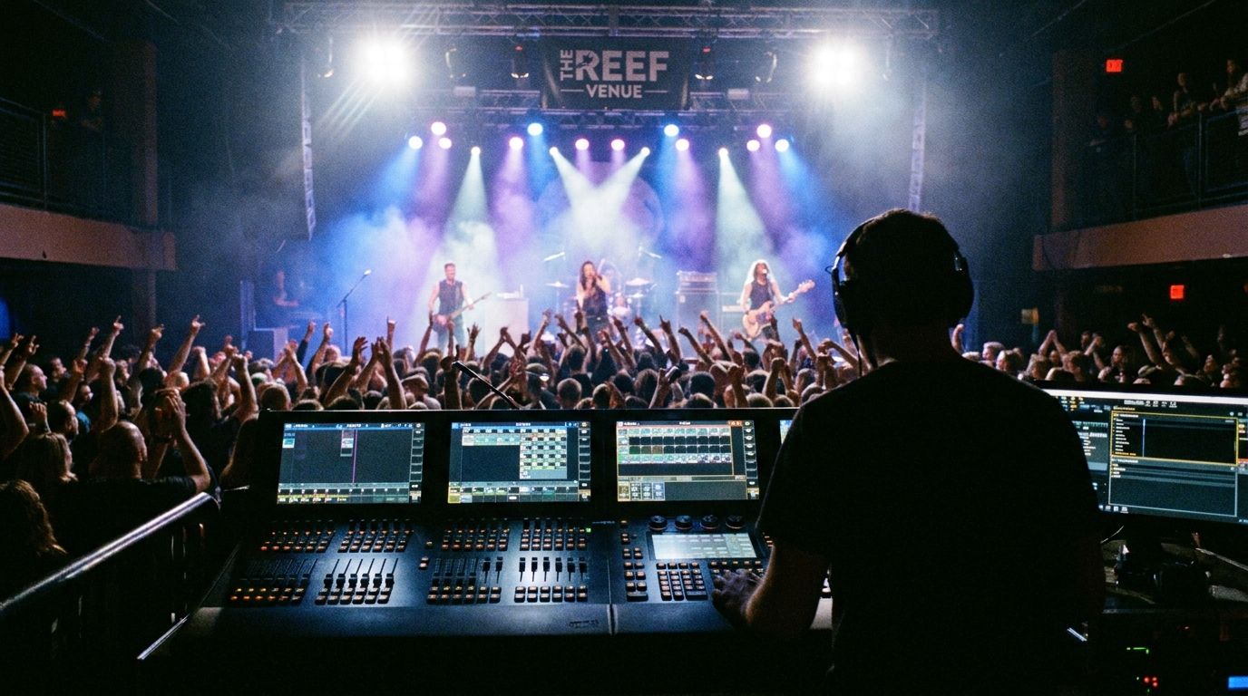 Lighting console at front of house — live music venue